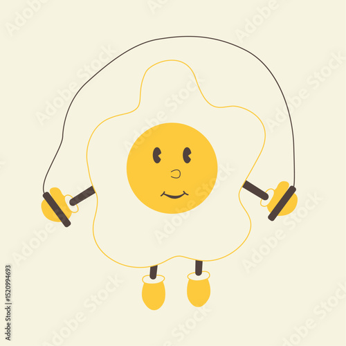 Un huevo alegre está levantando soltando con la comba. Estilo de dibujos animados de los años 80