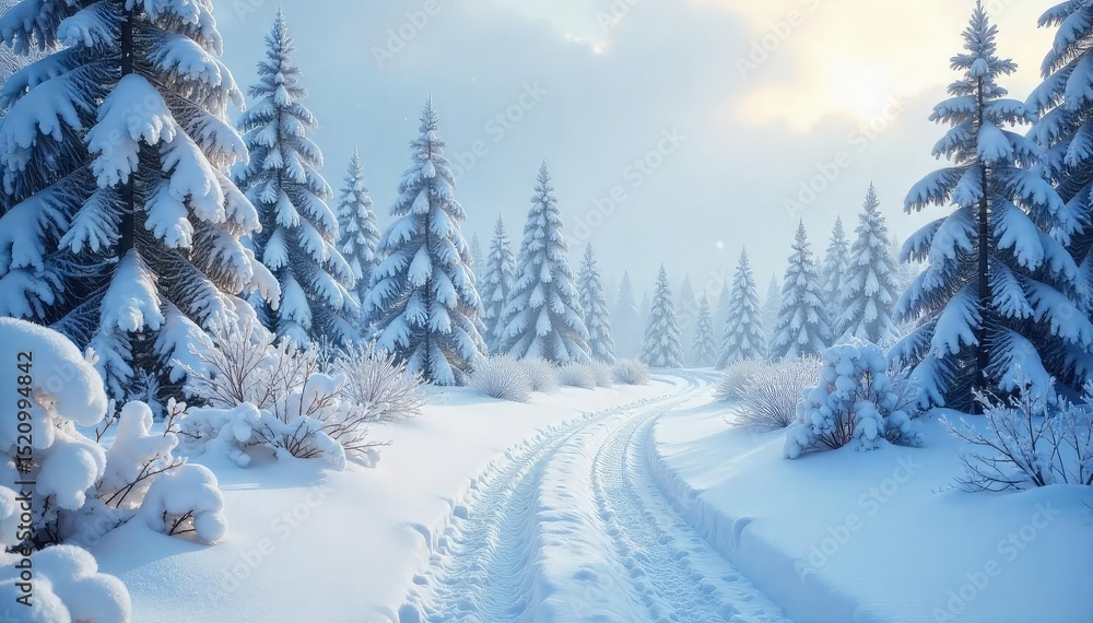 Naklejka premium Frozen landscape blanketed in pristine snow, icy branches glistening under a cold winter sky Perfect for winter wonderland, cold weather, or frozen scenery themes , snow, antarctic, majestic