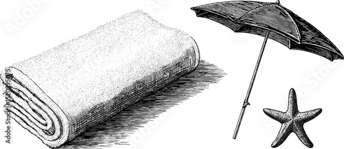 Engraved beach essentials set with towel, sun, umbrella, and starfish design for relaxation