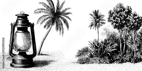 Vintage beachside lantern and tropical landscape engraving for decorative design