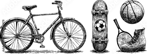 Vintage engraved illustrations of bicycle and sports equipment icons for design