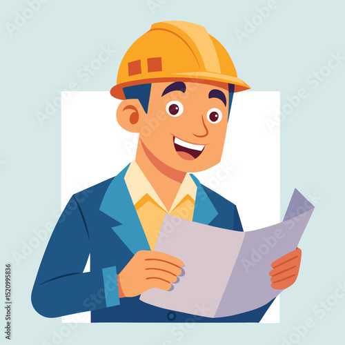 Smiling Architect in Hard Hat Examining Blueprint Plans, Vector Illustration for Construction Industry