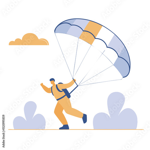 Skydiver Landing Illustration with Parachute, Sky, and Ground Elements in Modern Flat Style