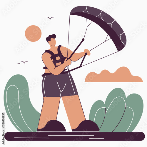 Stylish Kitesurfer Illustration Man Preparing for Water Adventure at Sunset with Birds Flying