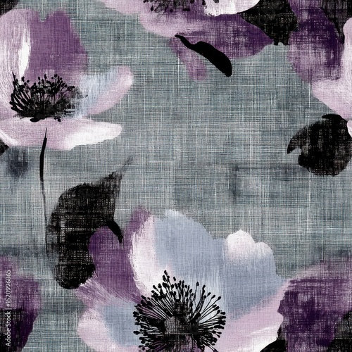 Purple and Gray Floral Abstract Pattern on Textured Background.