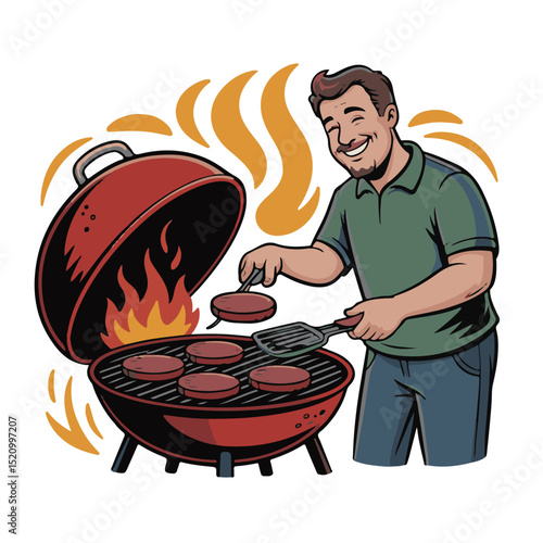 Smiling person cooking meat and vegetables on a barbecue in the garden