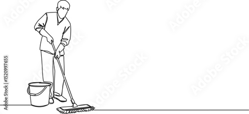 continuous single line drawing of janitor wiping floor with a mop, line art vector illustration