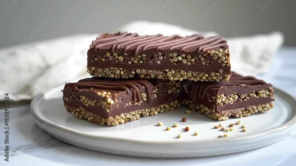 Chocolate quinoa bars close-up on white plate with cinematic orbit and zoom, highlighting textures and chocolate drizzle Chocolate quinoa bars close-up on white plate with cinematic orbit and zoom, highlighting textures and chocolate drizzle