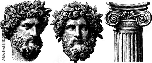 Classical engraved busts and column with curly hair and laurel wreaths