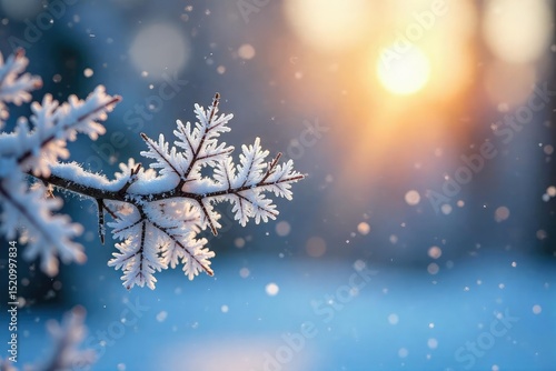 Intricate snowflakes delicately clinging to a frosty winter branch, glistening under the soft light of a winter sun A beautiful winter wonderland scene , holiday season, ice