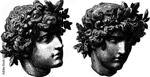 Classical engraved busts with curly hair - art for historical decor and design