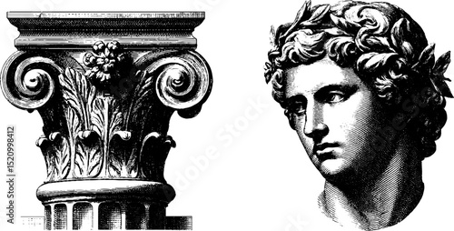 Classical engraved busts and column with laurel wreaths for artistic design