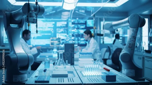 Robotic arm automation in a blur. Scientist at work with laboratory equipment. Modern science and medicine research footage.