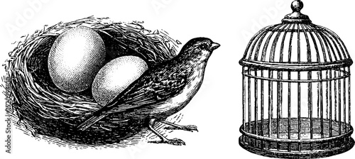 Engraved illustration of canary with cage and nest for vintage design projects