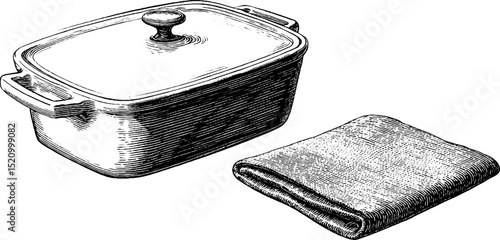 Engraved illustration set of casserole dish and kitchen towel for vintage design