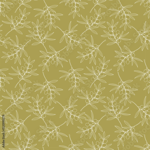Olives fruits, light outline olive branches pattern on pistachio background.