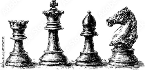 Classic engraved chess pieces collection featuring king, queen, bishop, knight for strategy game design