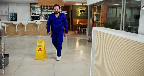 Janitor, accident and man fall in office with workplace safety, ignore warning sign and negligence. Danger, hazard and cleaner slipping on wet floor for workers compensation, mistake and legal claim