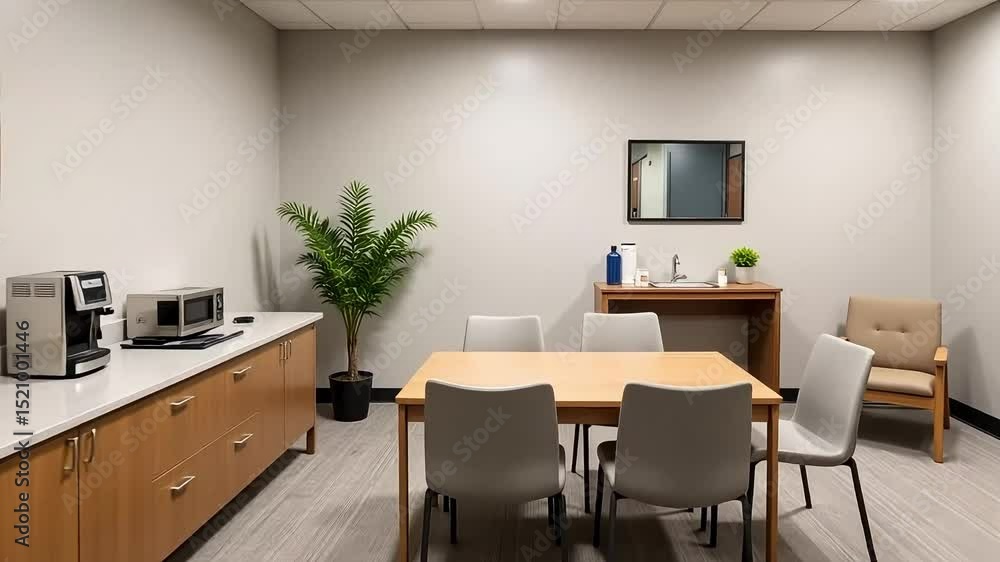 Modern Office Break Room Design featuring Comfortable Seating and a Kitchenette area for Employees Modern Office Break Room Design featuring Comfortable Seating and a Kitchenette area for Employees