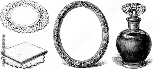 Vintage engraved circular frame and decorative objects set for graphic design