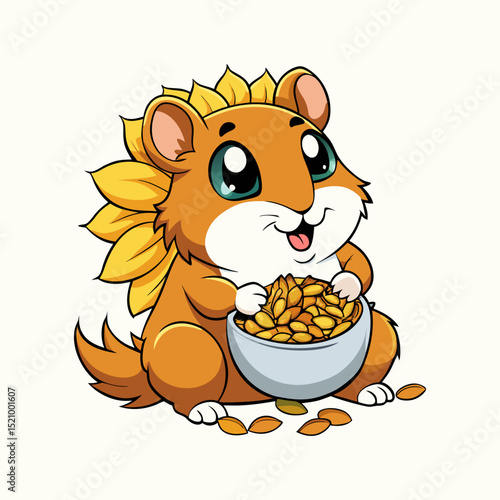 Cheerful cartoon hamster holds bowl full of seeds, radiating happiness and charm in vibrant colors.