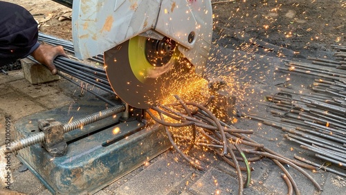 Close-up of a construction worker cutting iron rods with an electric cutting machine