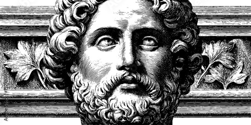 Classical bust engraving with intricate details and ornamental background design