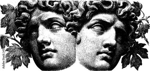Vintage engraving of classical busts with leaf details for art and design