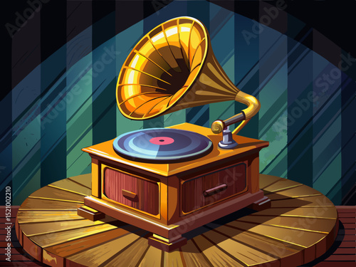 vector of A gramophone is an old audio recording device. On a dark wooden table...