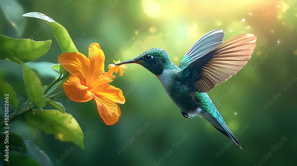 Fototapeta premium A hummingbird hovers near a vibrant orange flower.