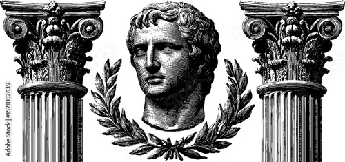 Classical art illustration with engraved bust and ornate column design for historical decor
