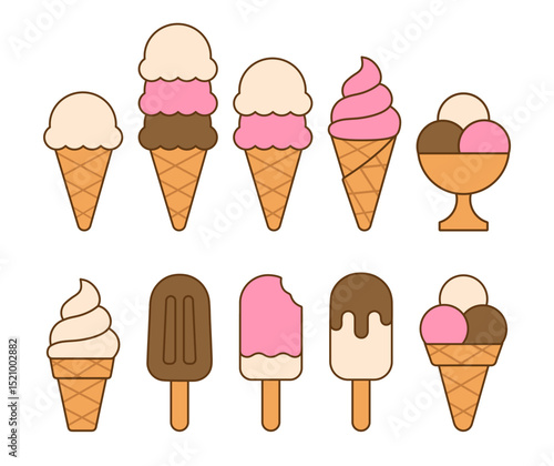 Summer set of flat simple contour ice cream doodle hand drawn colourful icon, element. Outline drawing gelato in waffle, paper cone, cup, clipart collection on white background. Isolated Vector EPS10