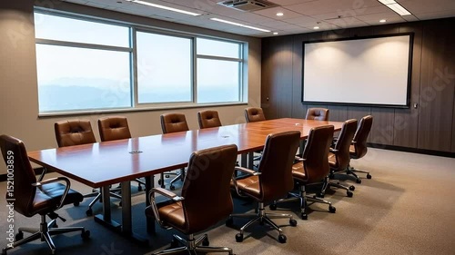 Wallpaper Mural Modern Boardroom Conference Room with Large Windows and Presentation Screen Ideal for Business Meetings and Corporate Events Torontodigital.ca