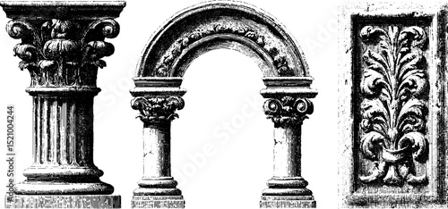 Classical architectural elements engraving set for design and decoration projects