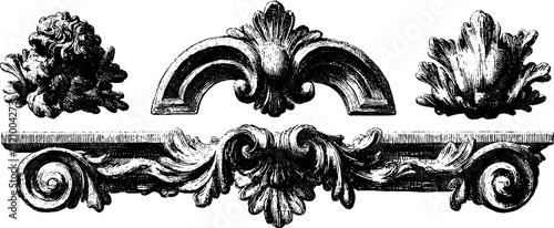 Classical statue elements: engraved illustration of ornamental designs for artistic inspiration