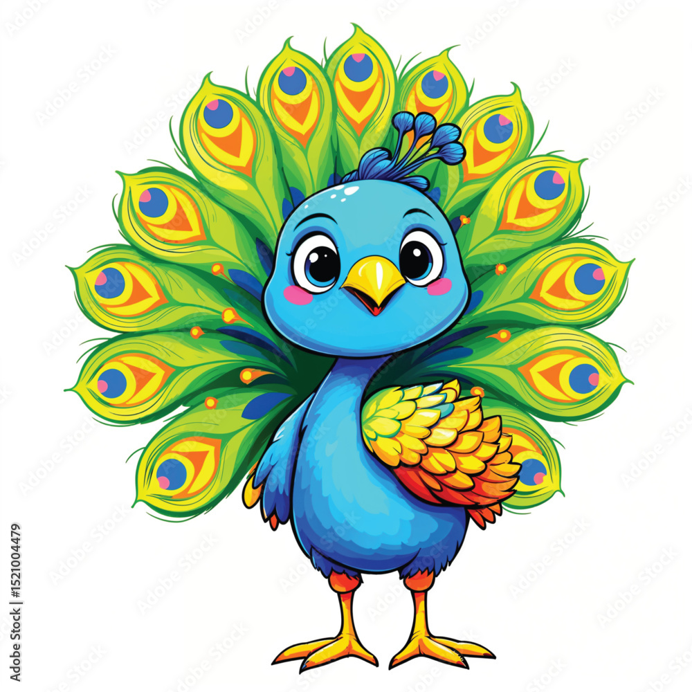 Fototapeta premium Cute Cartoon Peacock vector illustration isolated