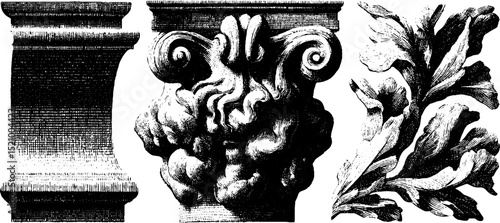 Intricate engravings of classical statues and architectural elements for art and design