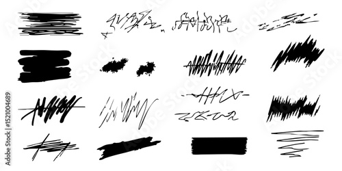 Abstract Scribble And Brush Stroke Set. Creative Expression And Design Elements Collection. Isolated Vector Illustration