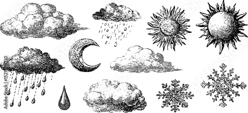 Vintage engraved set of weather icons featuring sun, clouds, moon, and snowflakes for design projects