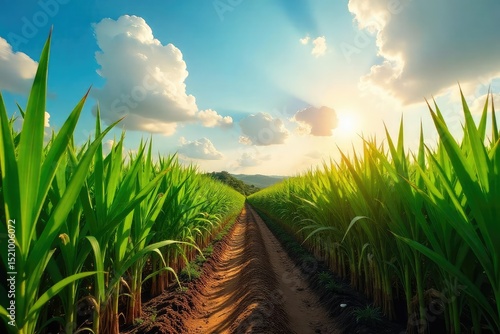 Sun-drenched sugarcane fields in Cuba, ready for harvest Lush green stalks stretch to the horizon under a vibrant sky A glimpse into Cuba's rich agricultural heritage , caribbean, field