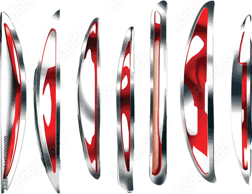 Set of Six Curved Knives with Red and Silver Ribbon Decoration on White Background for Cooking Tools and Culinary Design
