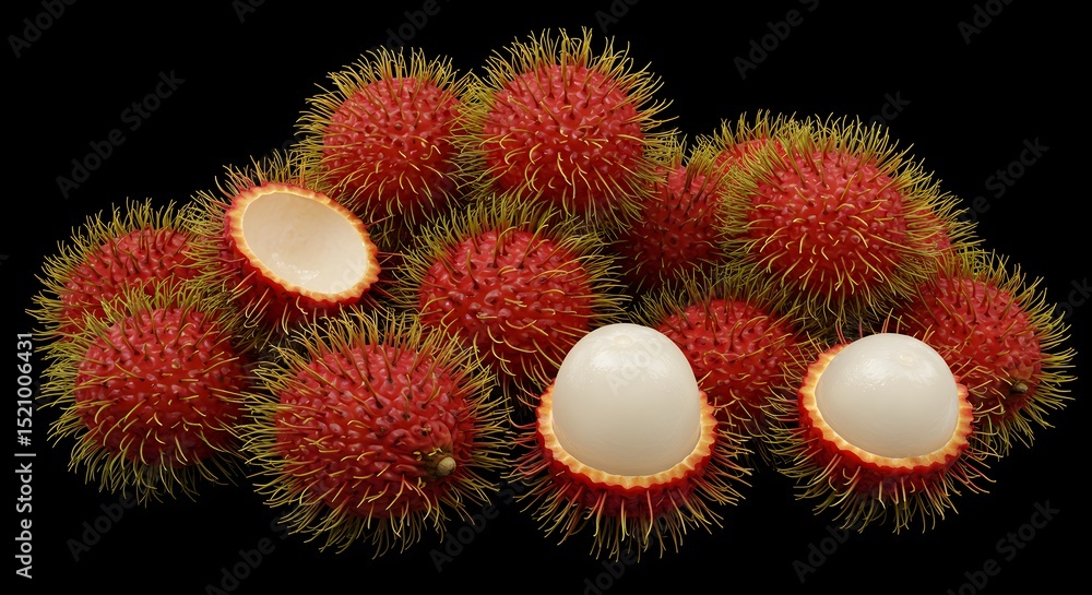 Red and hairy rambutans, some opened showing white pulp Red and hairy rambutans, some opened showing white pulp