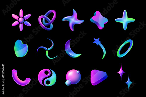 Set of abstract neon geometric 3d shapes in y2k style. Multicolored futuristic trendy icons. Futuristic colorful elements collection.