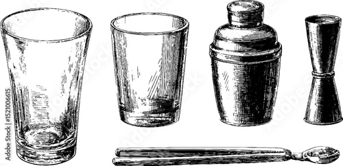 Vintage cocktail glass and barware engraving set for mixology art design