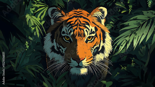 Tiger hidden within a dense jungle.