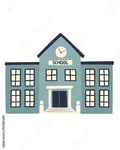 Illustration of a School Building With Windows and Clock Symbol