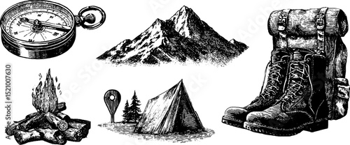 Engraved illustration of a classic compass set against a detailed vintage map backdrop, evoking themes of adventure, camping, and exploration