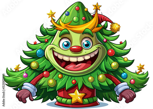 vector cartoon illustration of funny Christmas tree characters with expressive faces, limbs, and lights perfect for New Year cards, stickers, festive designs, and decorations