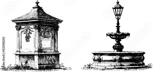 Elegant architectural elements featuring vintage concrete monuments and ornamental fountains