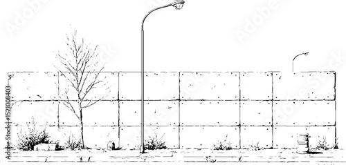 Engraved illustration of urban concrete block wall with street elements